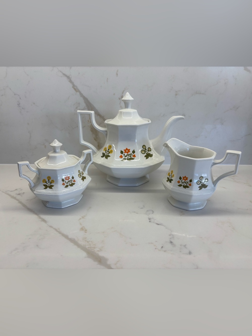 Vintage White Floral Octagonal Teapot Creamer Sugar Bowl Posy Johnson Brothers